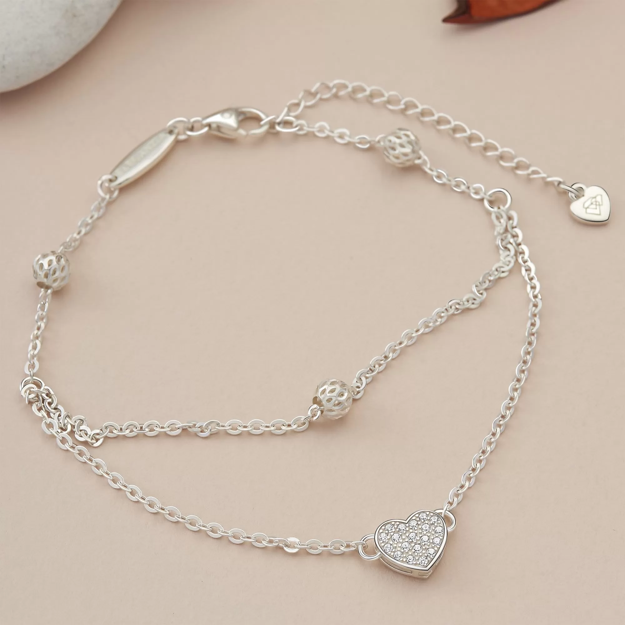 Layered Heart Ankle Bracelet Sterling Silver