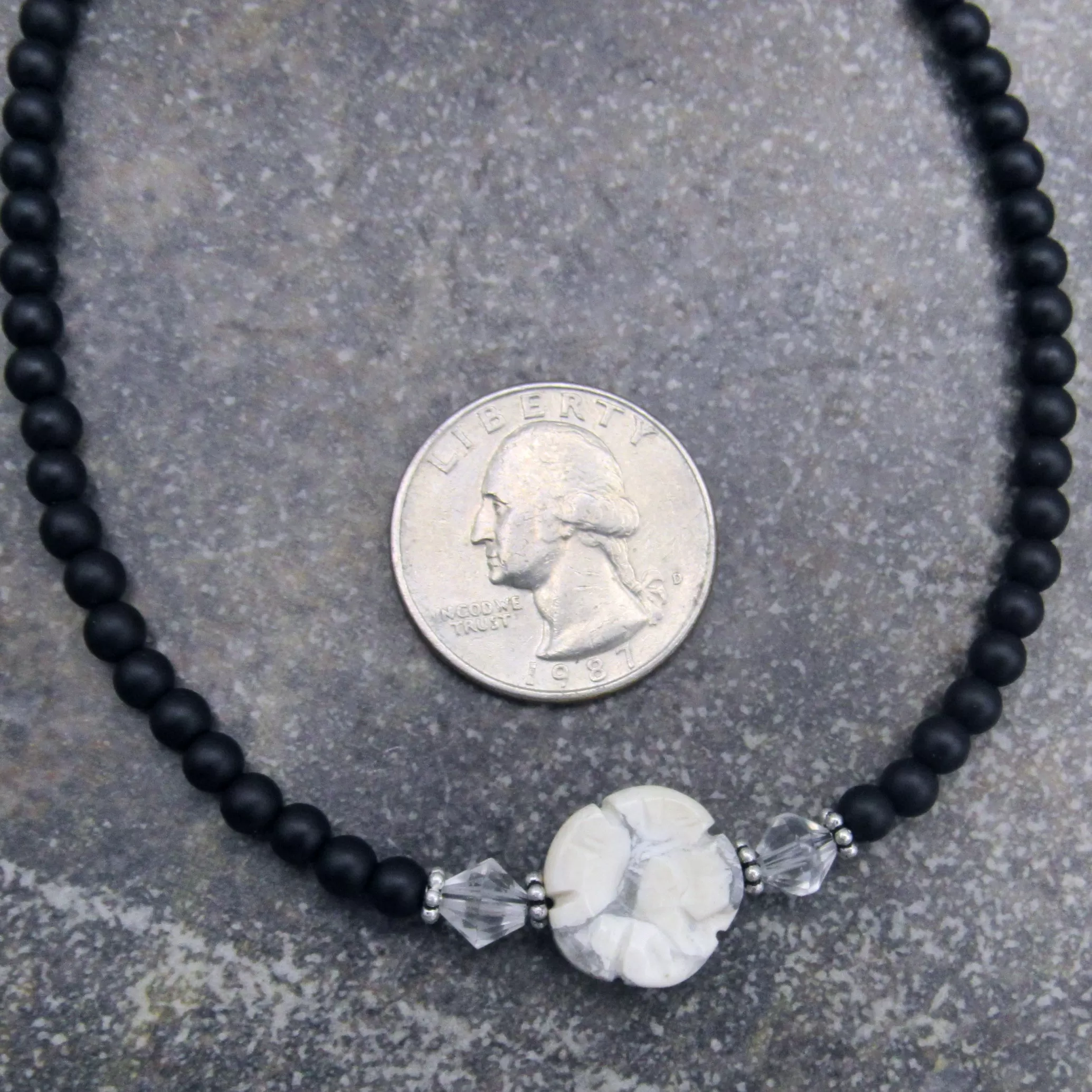 Matte Onyx Gemstone Anklet with Howlite Flower