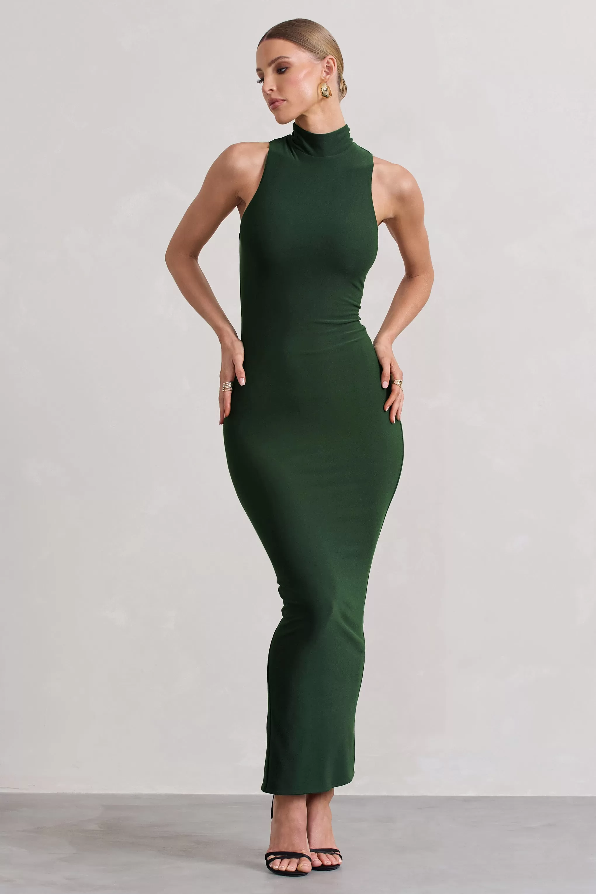 Mindy | Dark Green Bodycon High-Neck Maxi Dress