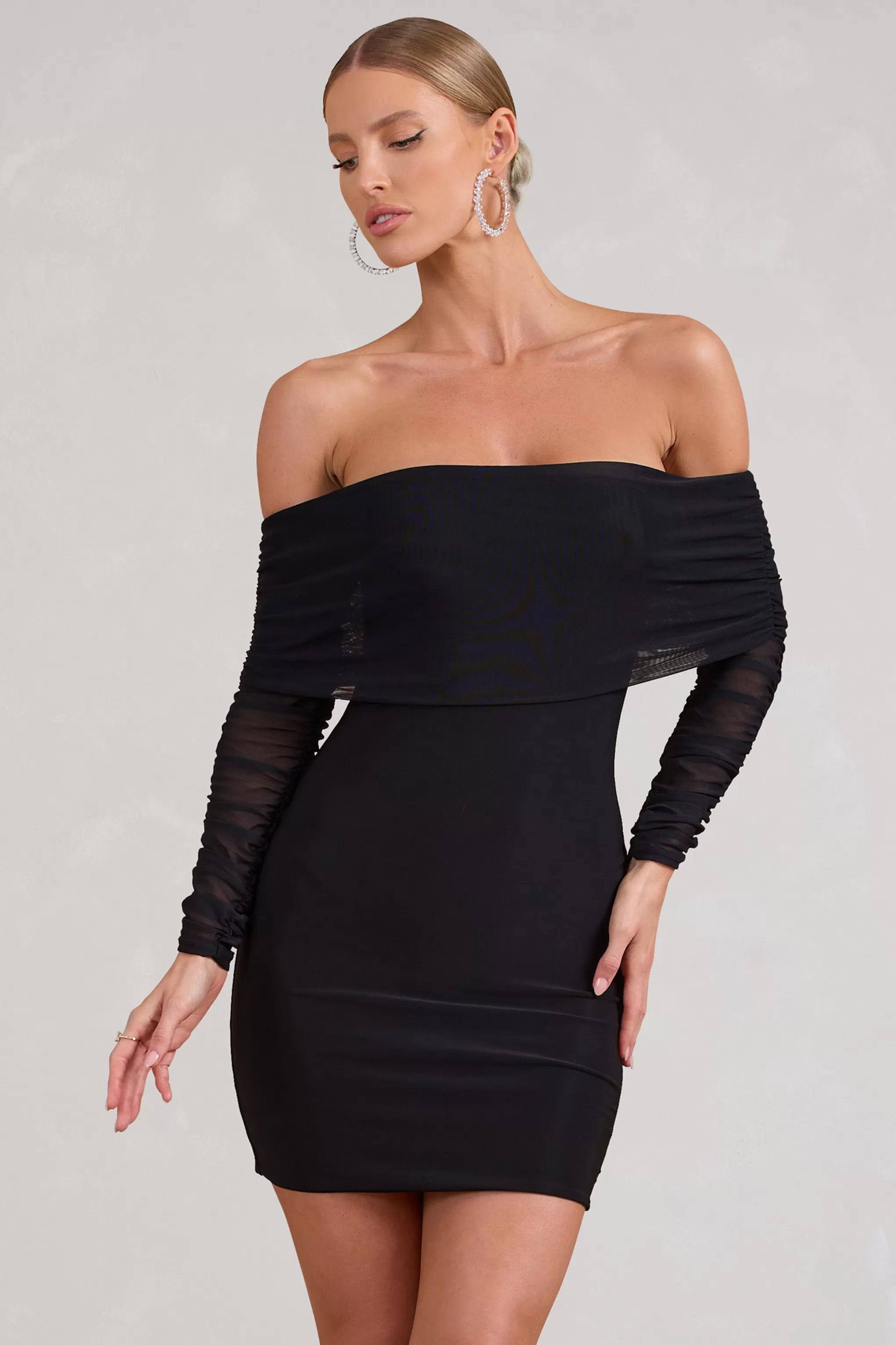 Minnie | Black Ruched Mesh Bardot Bodycon Mini Dress