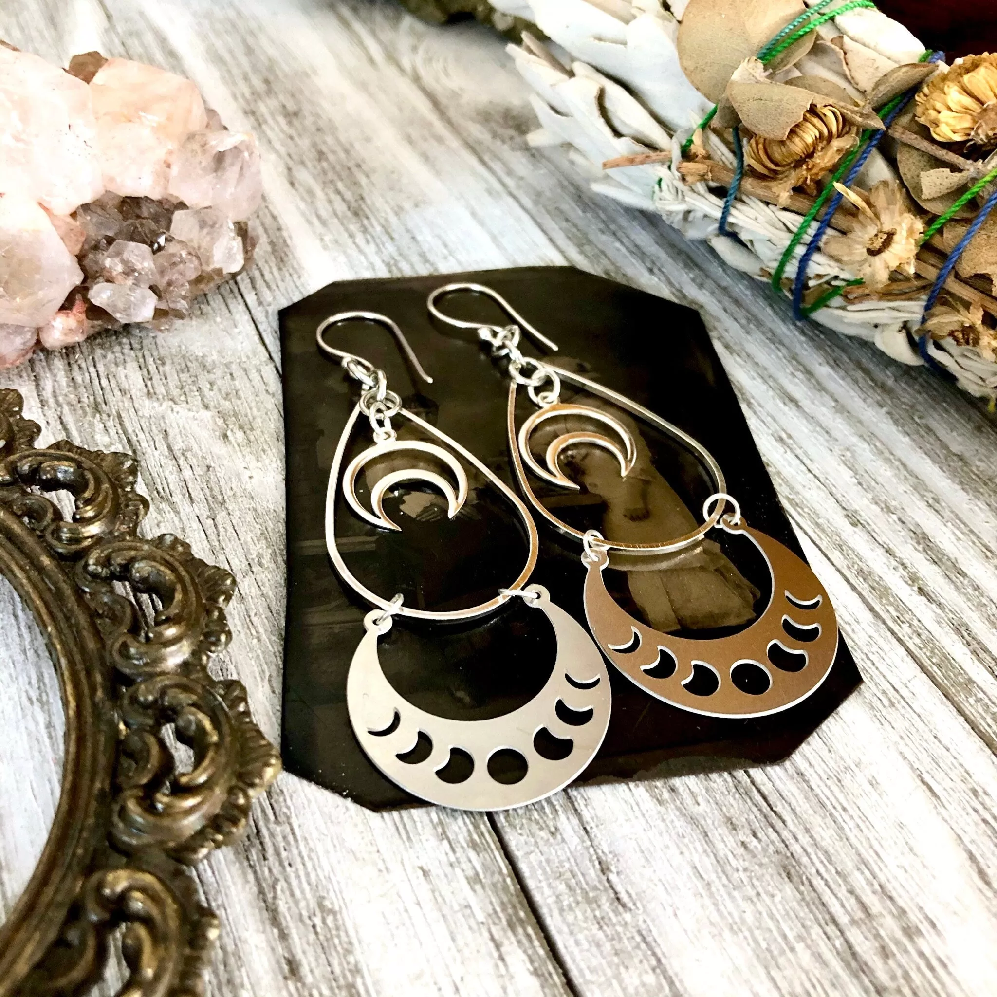 Moon Phase Sterling Silver & Stainless Steel Earrings / Crescent Moon Long Dangly Geometric Earrings