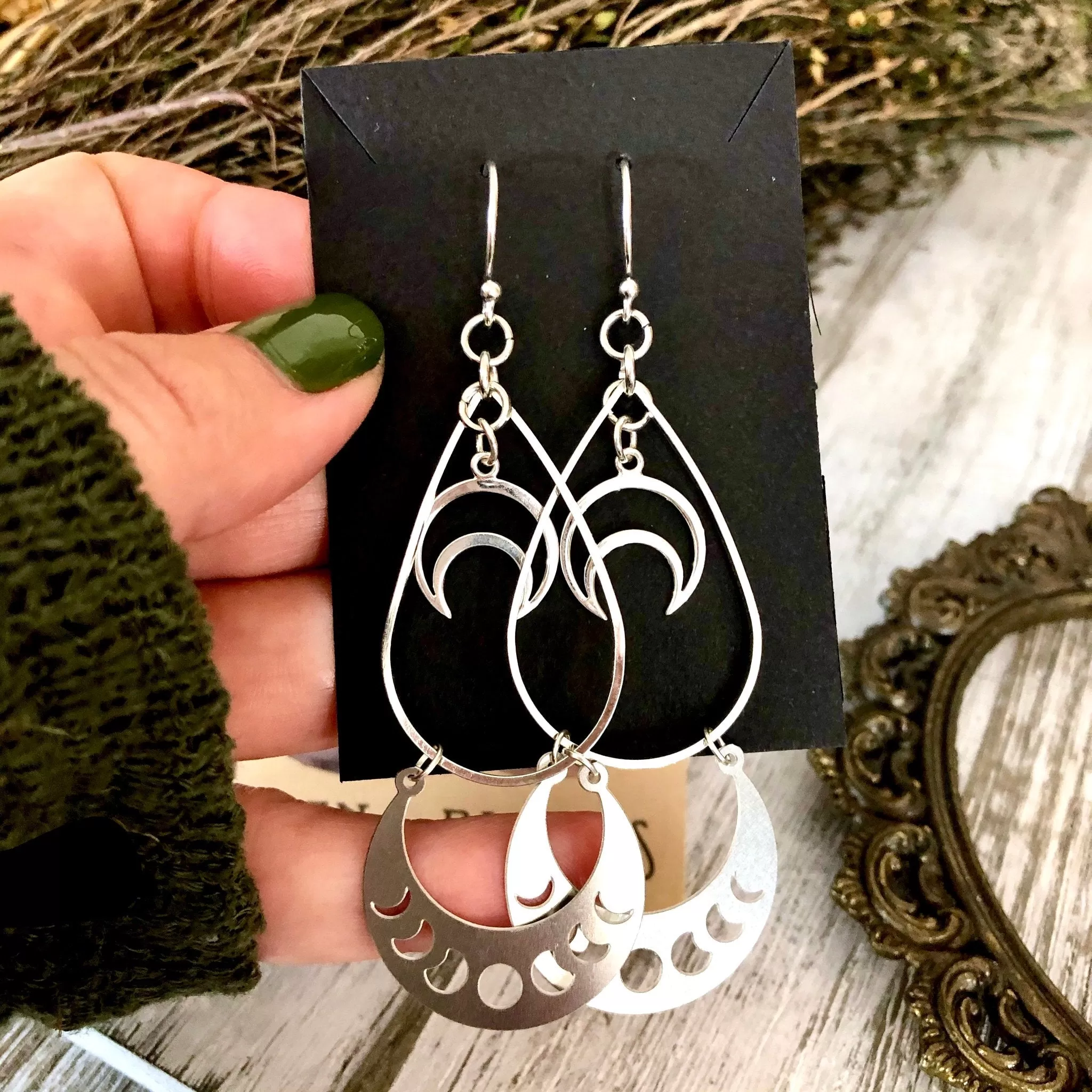 Moon Phase Sterling Silver & Stainless Steel Earrings / Crescent Moon Long Dangly Geometric Earrings