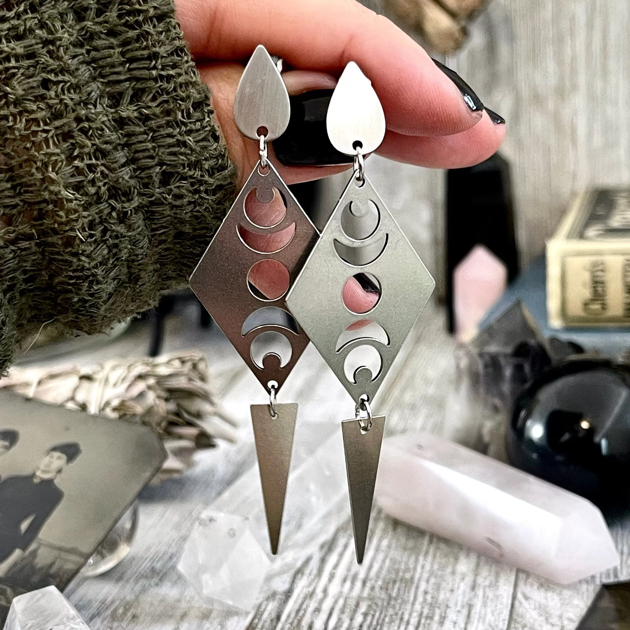 Moon Phases Geometric Stainless Steel Earrings / Pointy Earrings  - Long Dangly Geometric Earrings