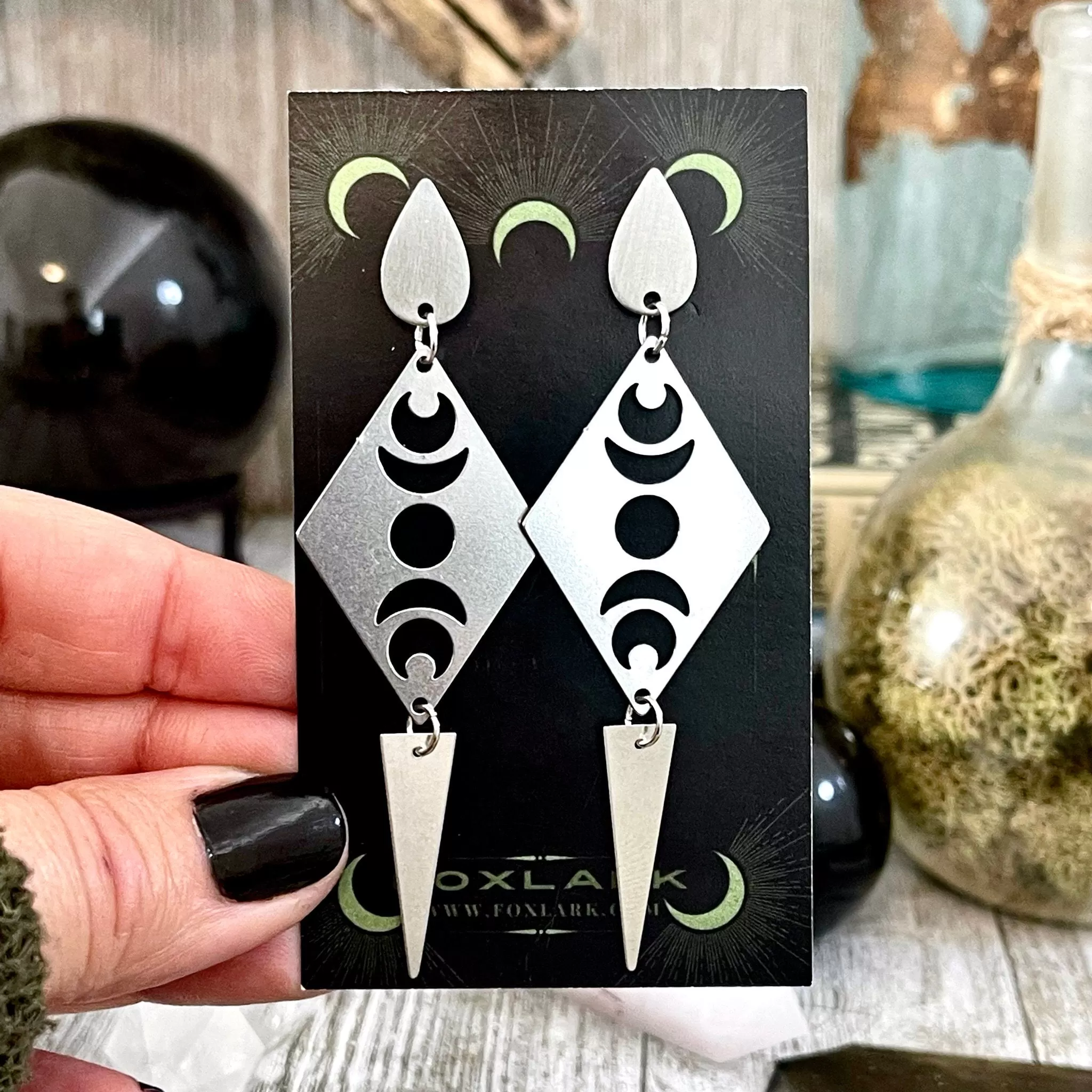 Moon Phases Geometric Stainless Steel Earrings / Pointy Earrings  - Long Dangly Geometric Earrings