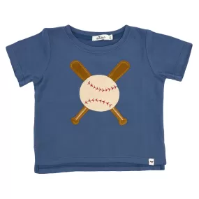 oh baby! Raw Edge Short Sleeve Cotton Slub Tee - Vintage Baseball Applique - Denim