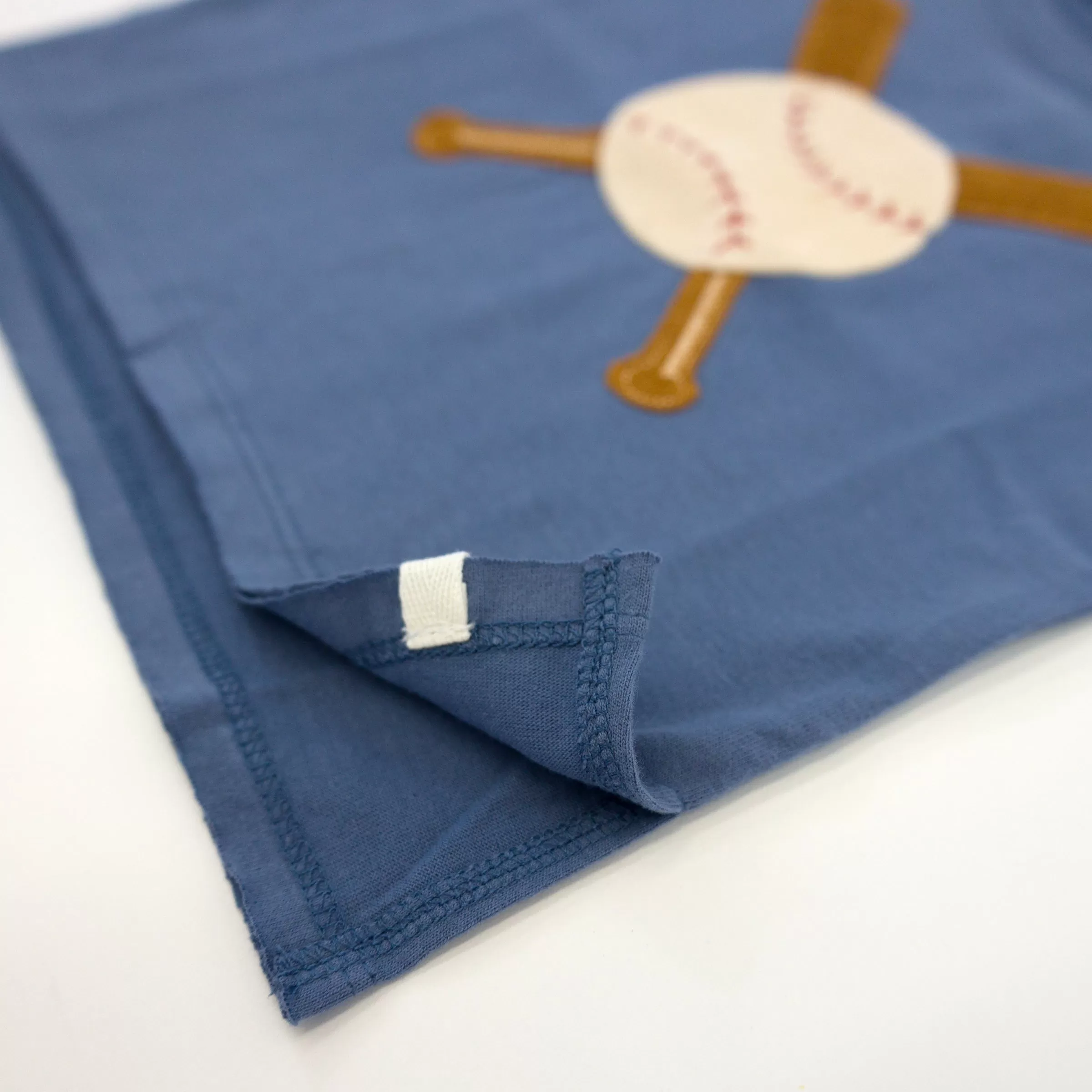 oh baby! Raw Edge Short Sleeve Cotton Slub Tee - Vintage Baseball Applique - Denim