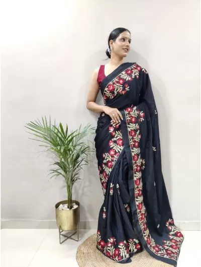 One Minute Black Silk Zari Saree