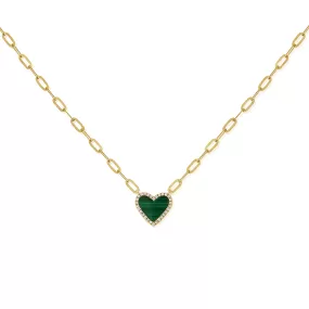 Oval Chain Link Necklace with Malachite & Diamond Heart