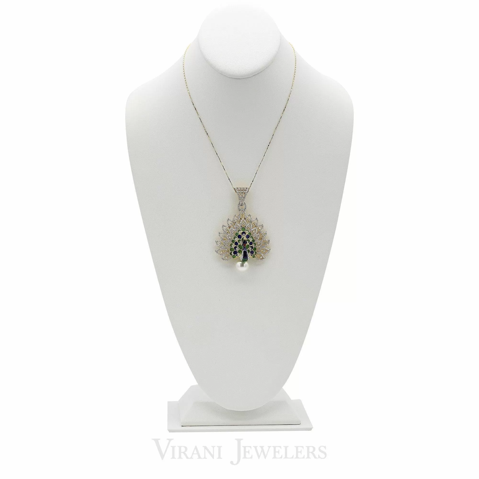 Peacock Diamond Pendant Necklace & Earring Set in 18K Gold W/ 4.51CT Round Diamonds