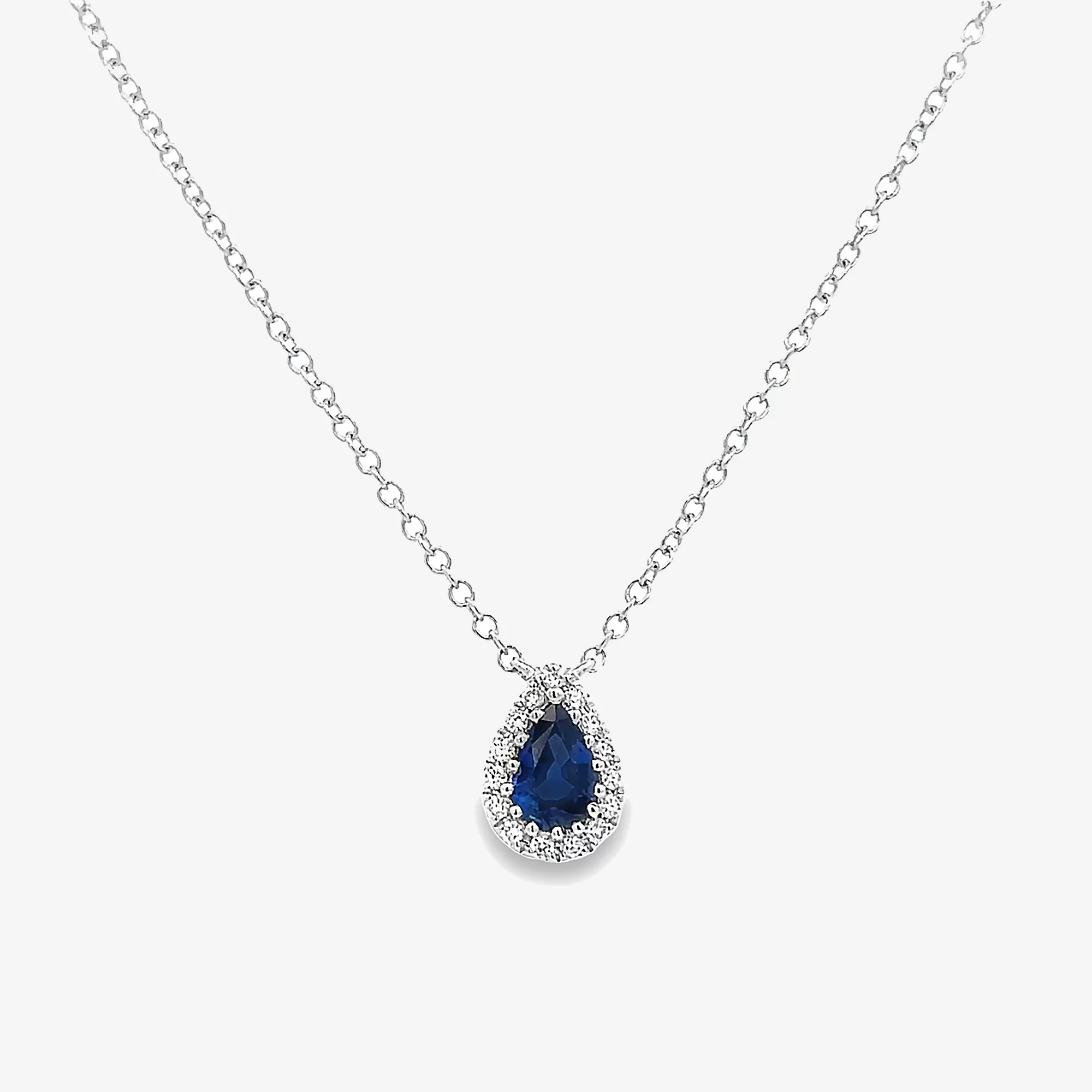 Pear Shaped Blue Sapphire With Halo Necklace