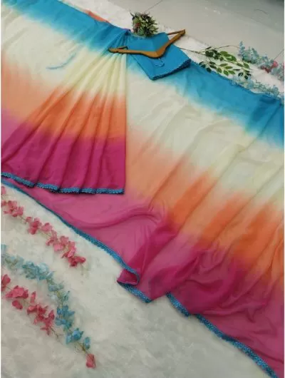 Pink-Blue 1 Minute Sari Sticthed Bollywood Georgette Saree