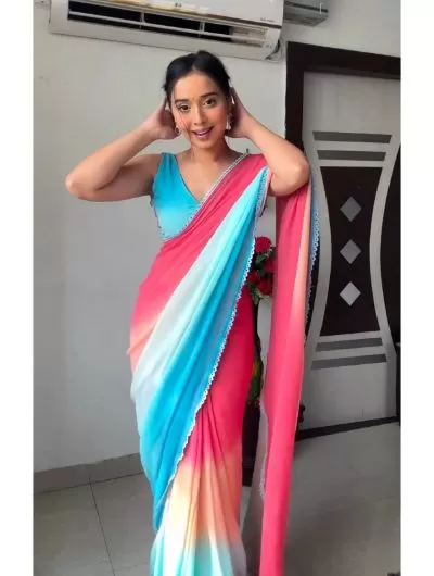 Pink-Blue 1 Minute Sari Sticthed Bollywood Georgette Saree