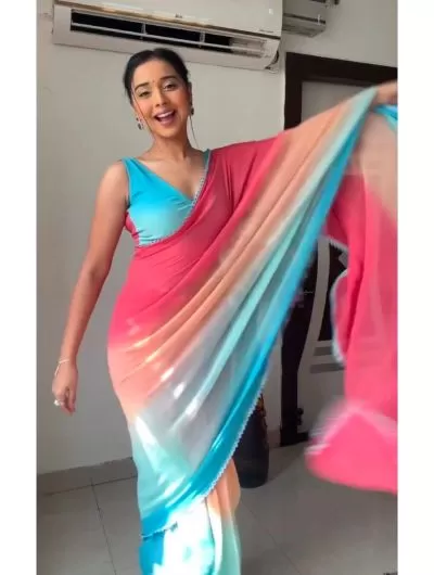 Pink-Blue 1 Minute Sari Sticthed Bollywood Georgette Saree