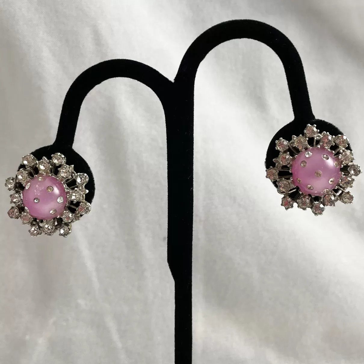 Pink Moonglow & Rhinestone Earrings Screw Backs