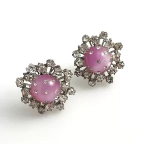 Pink Moonglow & Rhinestone Earrings Screw Backs