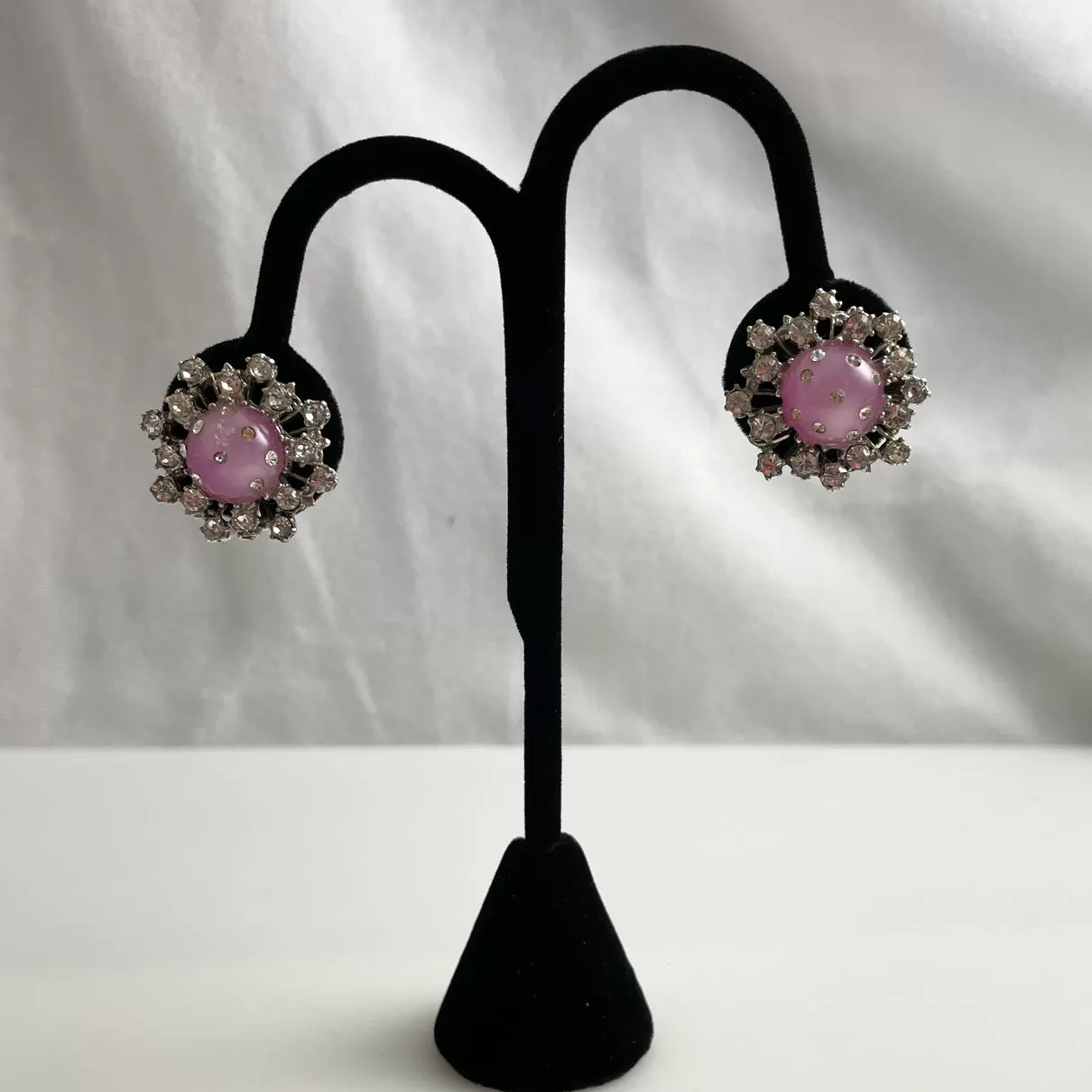 Pink Moonglow & Rhinestone Earrings Screw Backs