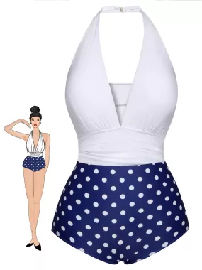 [Pre-Sale] Blue & White 1950s Polka Dots Halter Swimsuit