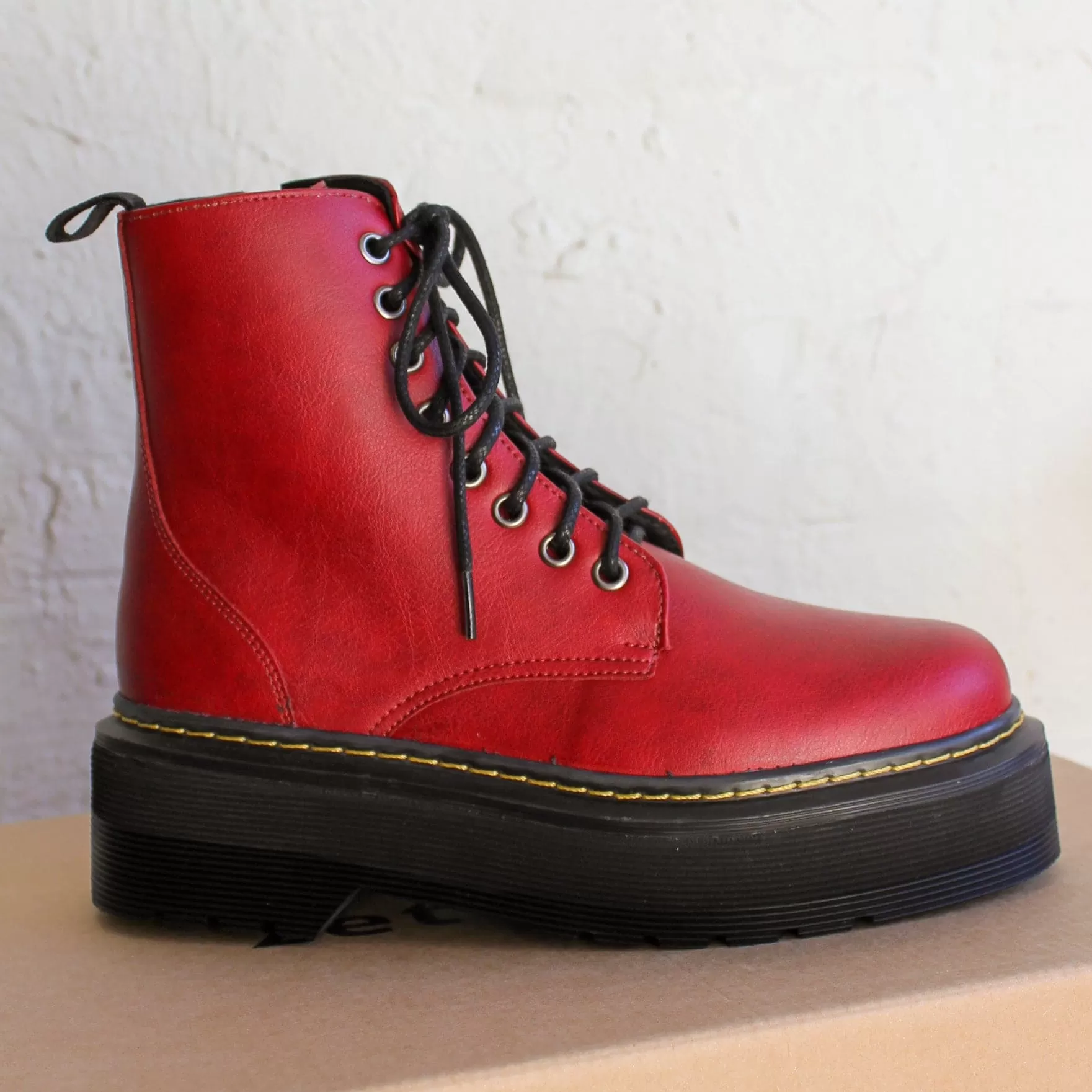 'Quinn' vegan-leather boot with stacked sole by Zette Shoes - cherry red