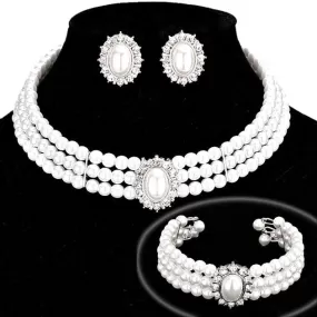 Rhinestone Trimmed Pearl Necklace Jewelry Set