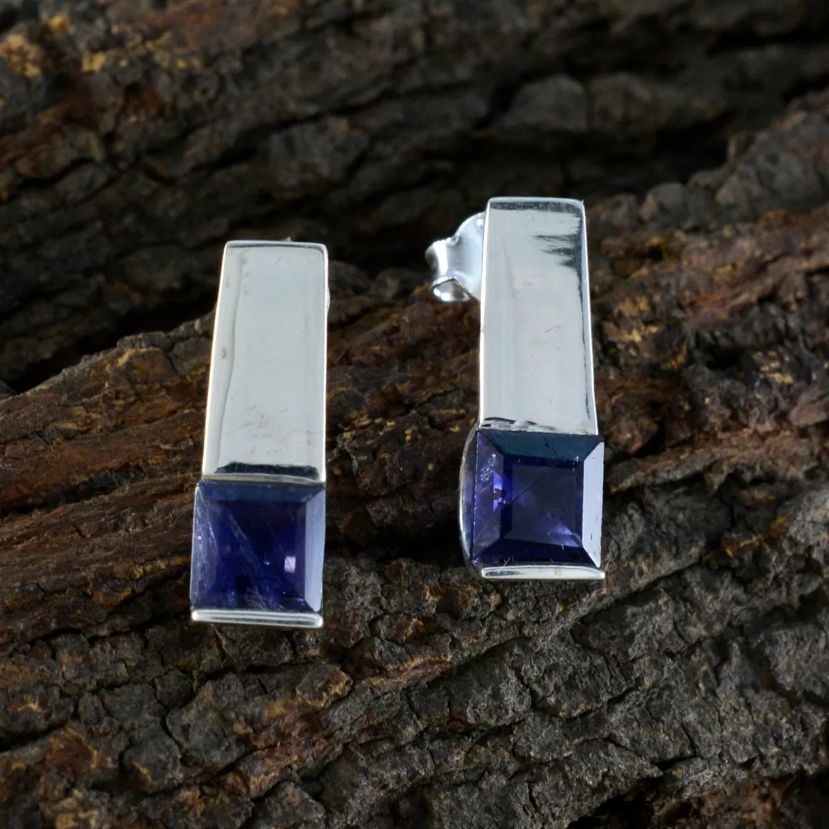 Riyo Decorative Sterling Silver Earring For Female Iolite Earring Bezel Setting Blue Earring Stud Earring