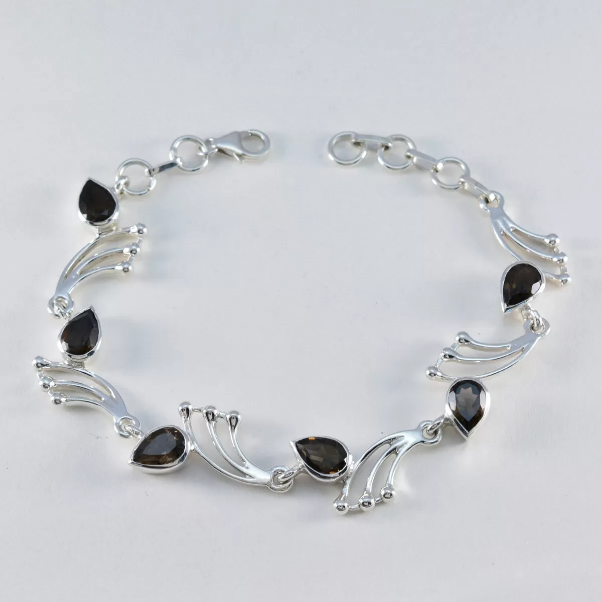 Riyo Desirable 925 Sterling Silver Bracelet For Girl Smoky Quartz Bracelet Prong Setting Bracelet with Fish Hook Link Charm Bracelet L Size 6-8.5 Inch.