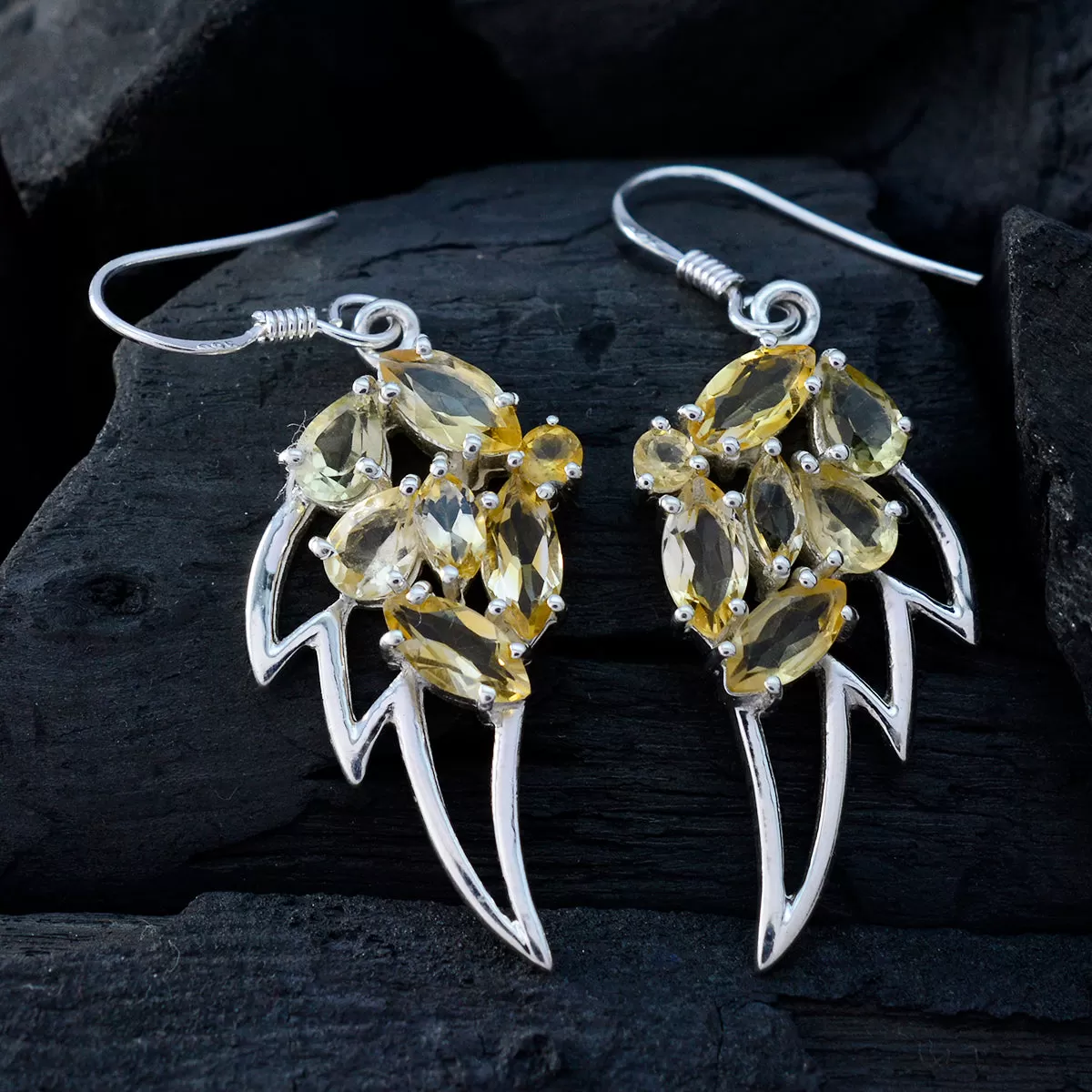 Riyo Genuine Gems multi shape Faceted Yellow Citrine Silver Earrings gift for good Friday