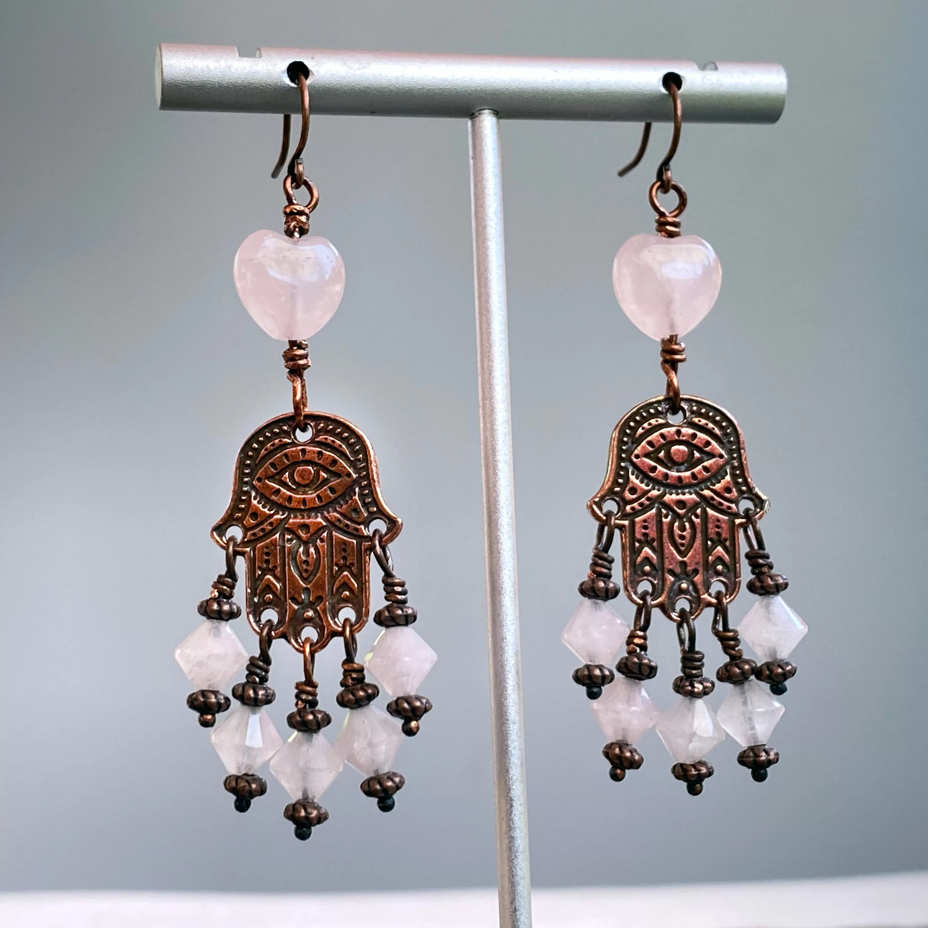 Rose Quartz and copper Hamsa Earrings