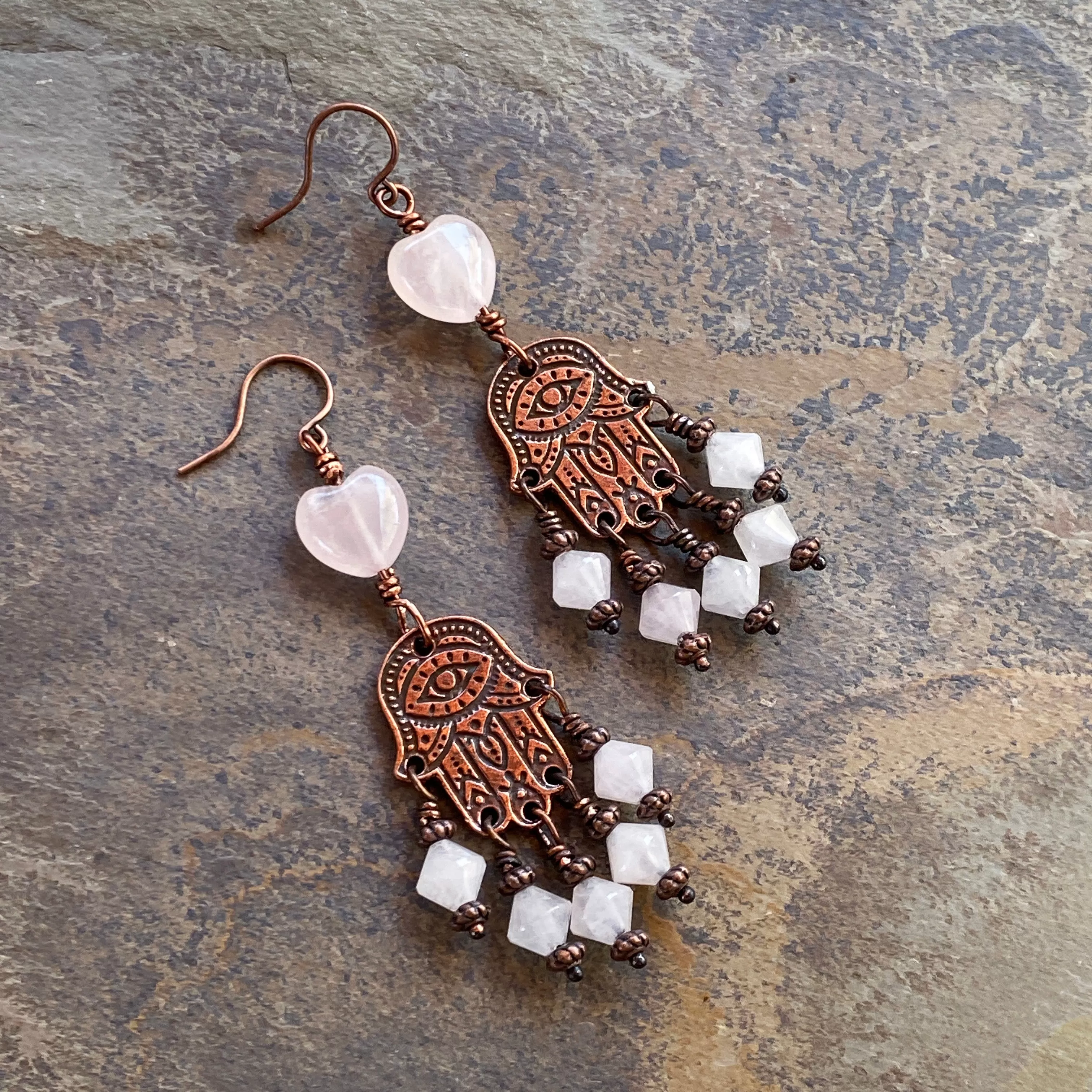 Rose Quartz and copper Hamsa Earrings