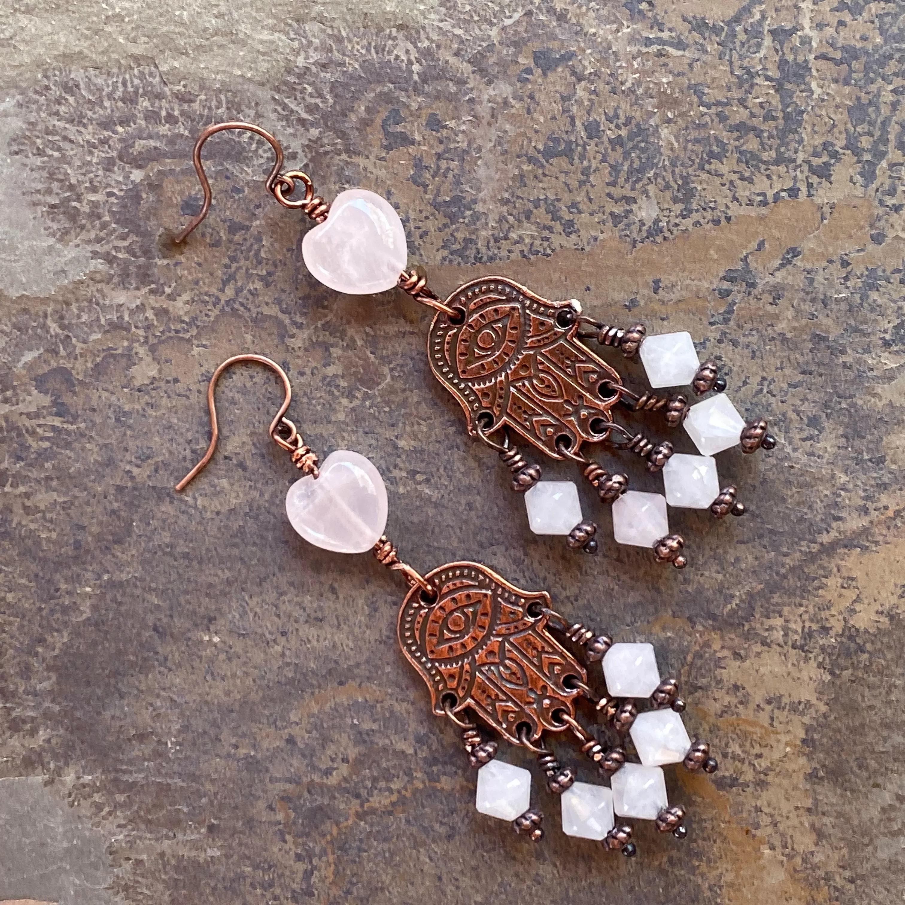 Rose Quartz and copper Hamsa Earrings