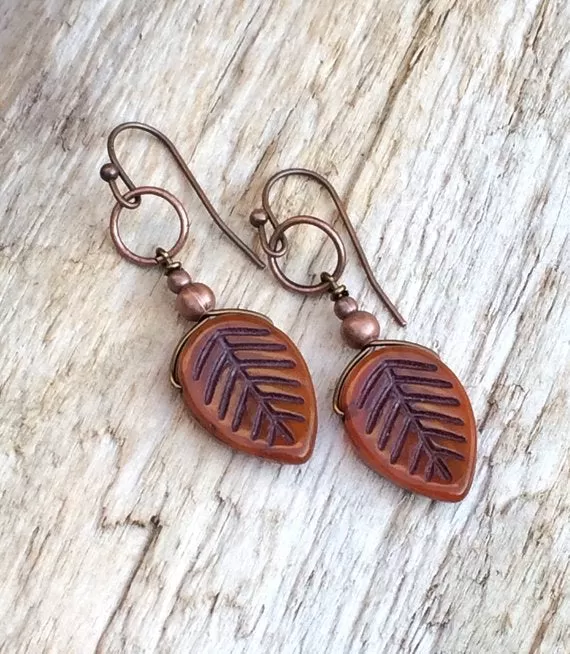 Rustic Burnt Orange Leaf Earrings with Antiqued Copper