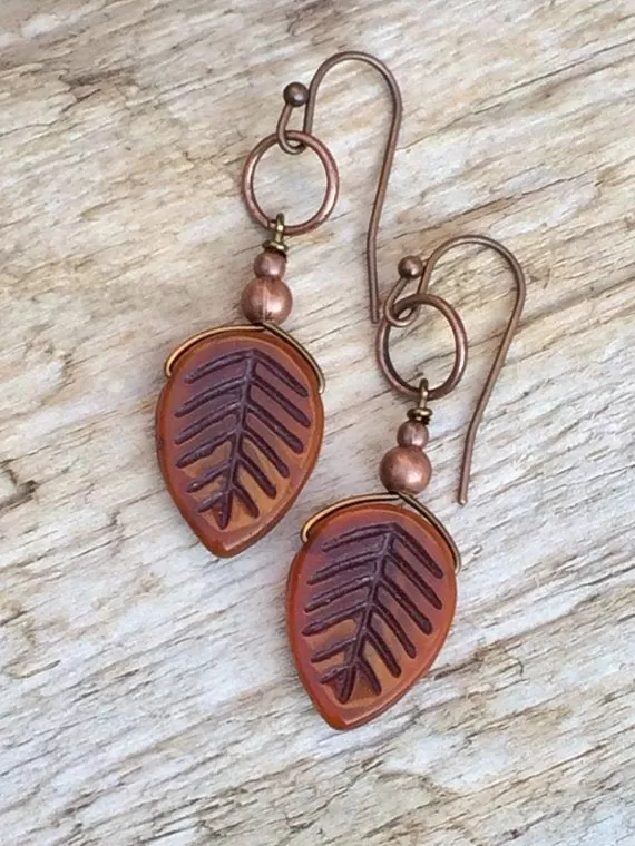 Rustic Burnt Orange Leaf Earrings with Antiqued Copper