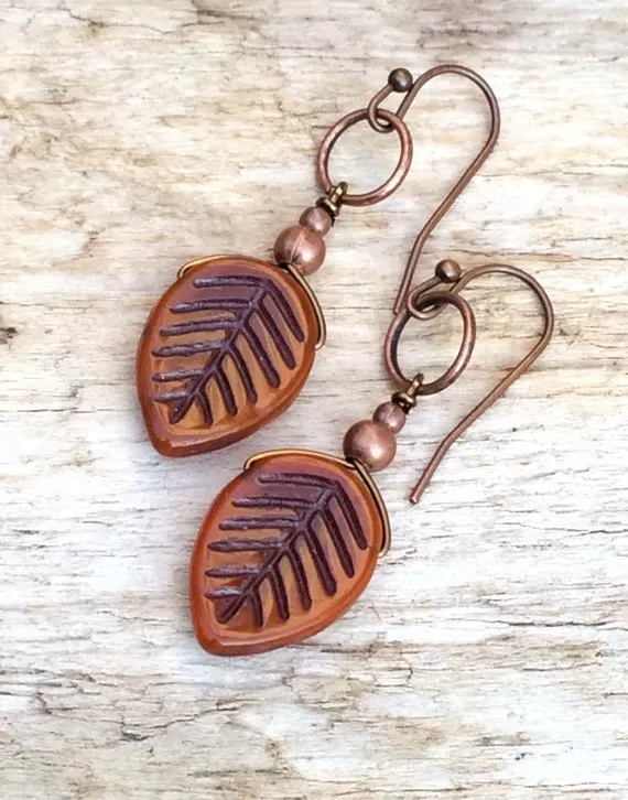 Rustic Burnt Orange Leaf Earrings with Antiqued Copper