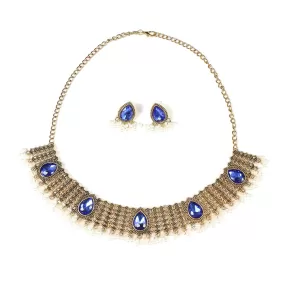 Sapphire and Ruby Inlaid Fan-shaped Necklace Earring Set