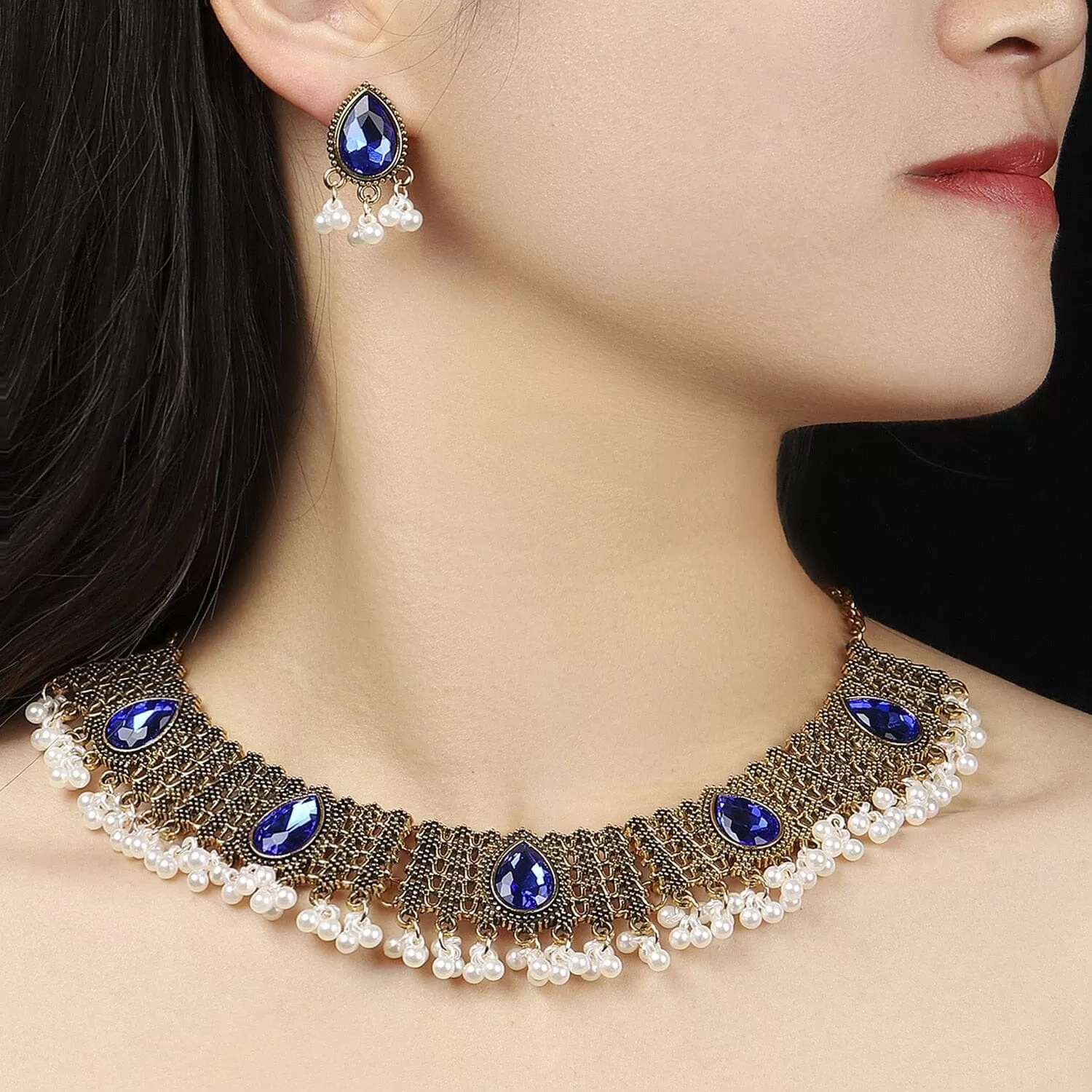 Sapphire and Ruby Inlaid Fan-shaped Necklace Earring Set