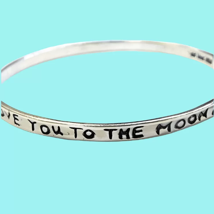 Silver bangle bracelet. Boho jewelry. Love you to the Moon and Back