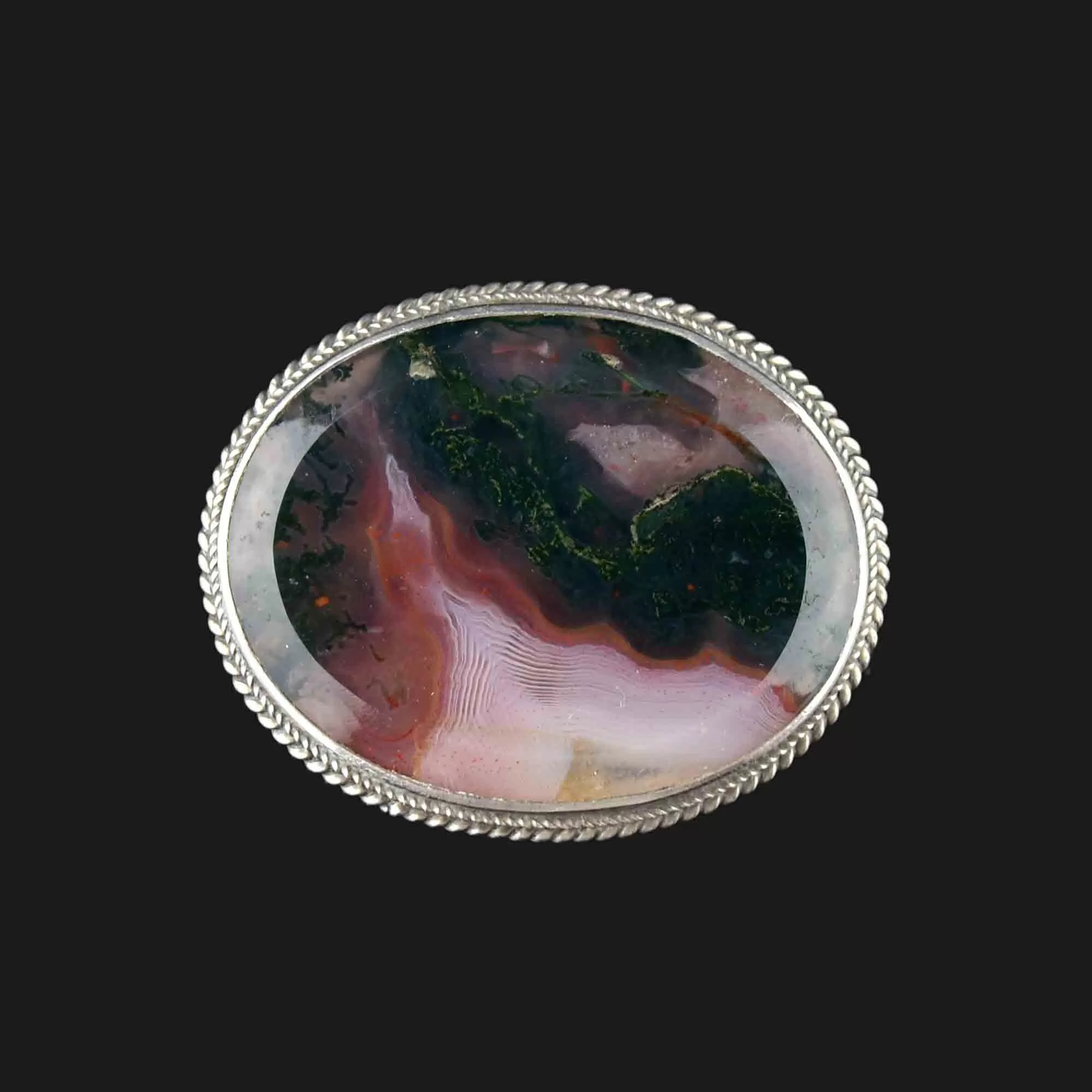 Silver Dendritic Moss Agate Brooch