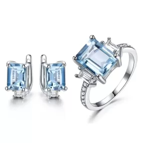 Sky Blue Topaz Ring and Clip Earrings 925 Sterling Silver Jewelry Set