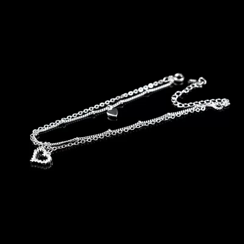 Sterling Silver Heart Rhinestone Double Layer Anklet