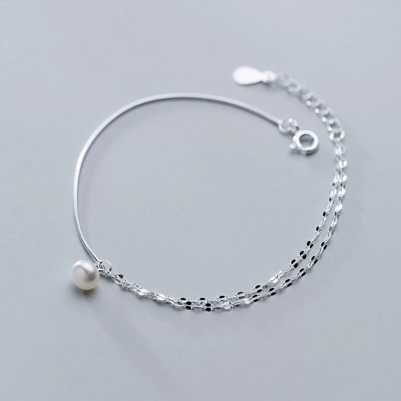 Sterling Silver Minimalism Small Pearl Chain Anklet For Women