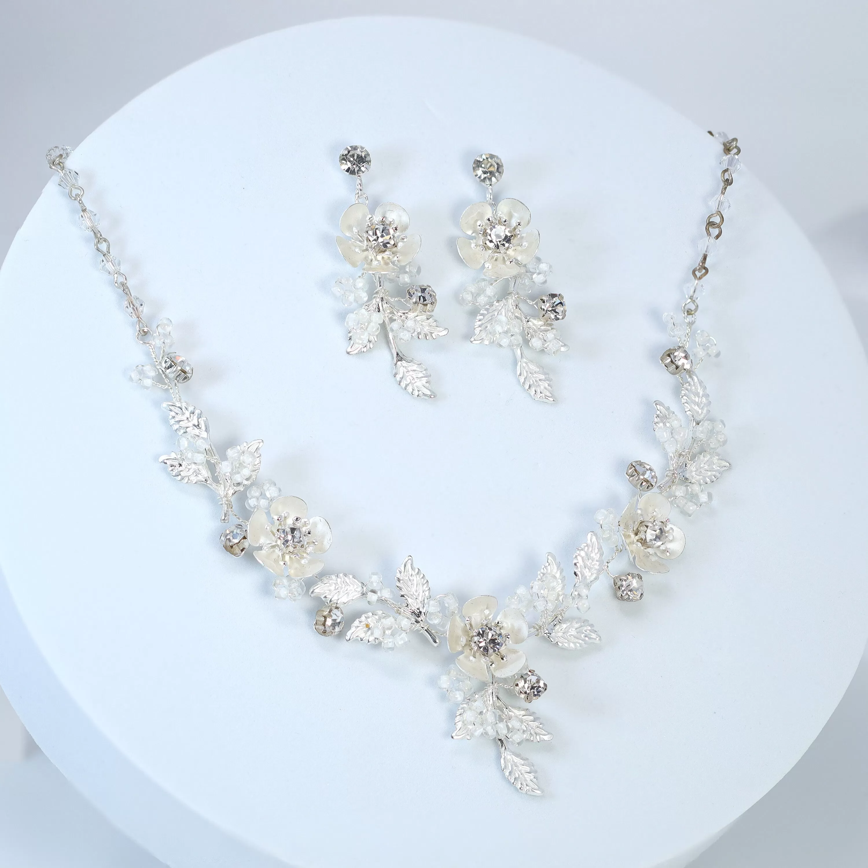 Swarovski Crystal Silver Floral Necklace set , Long Bridal Jewelry Crystal Flower Necklace Bridal Earrings Statement Earrings