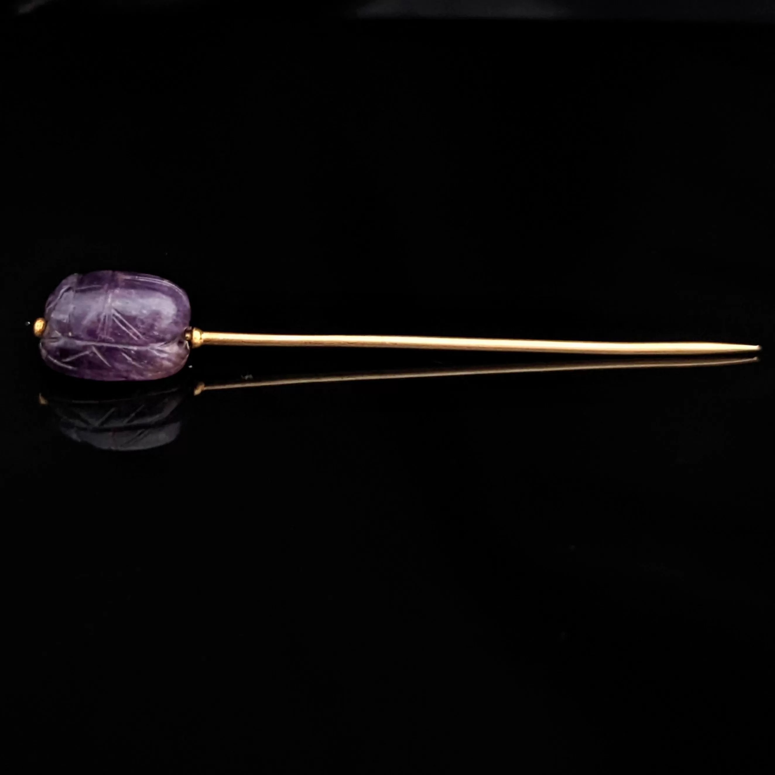 The Portofino - Victorian Articulated Amethyst 14k Gold Stick Pin Don Quixote Reverses to Egyptian Scarab