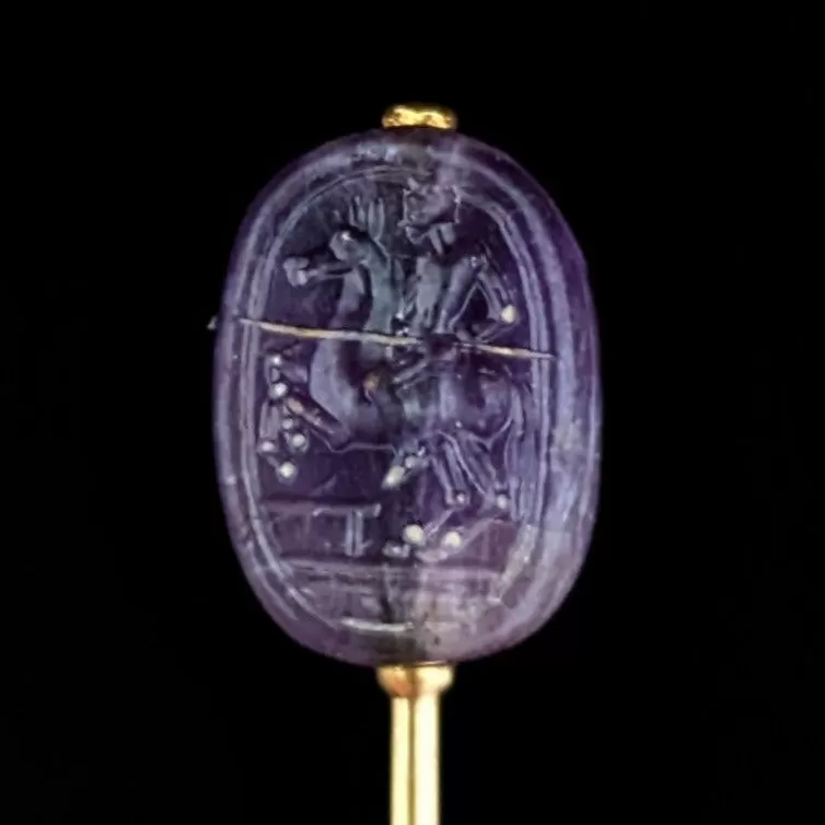 The Portofino - Victorian Articulated Amethyst 14k Gold Stick Pin Don Quixote Reverses to Egyptian Scarab