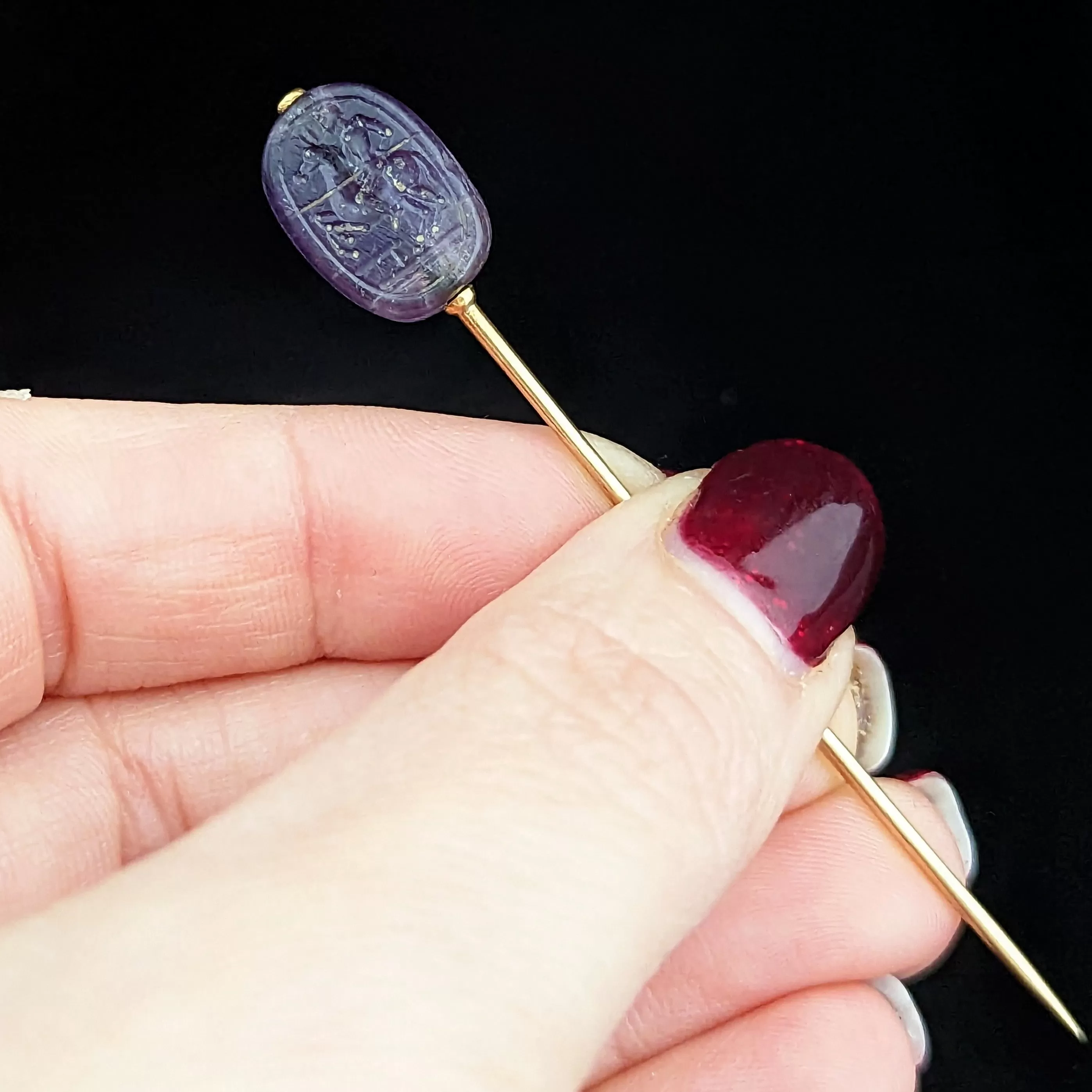 The Portofino - Victorian Articulated Amethyst 14k Gold Stick Pin Don Quixote Reverses to Egyptian Scarab