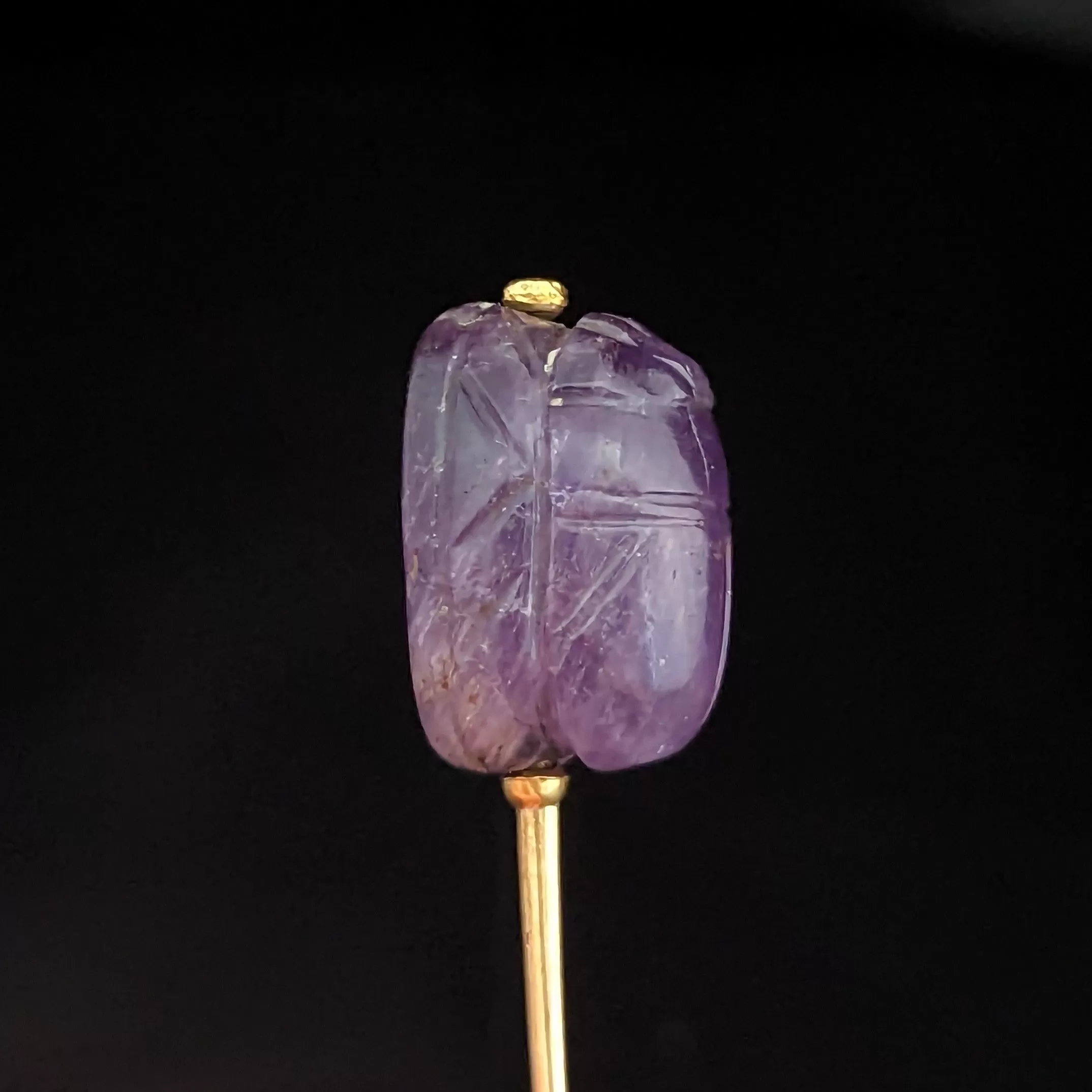 The Portofino - Victorian Articulated Amethyst 14k Gold Stick Pin Don Quixote Reverses to Egyptian Scarab