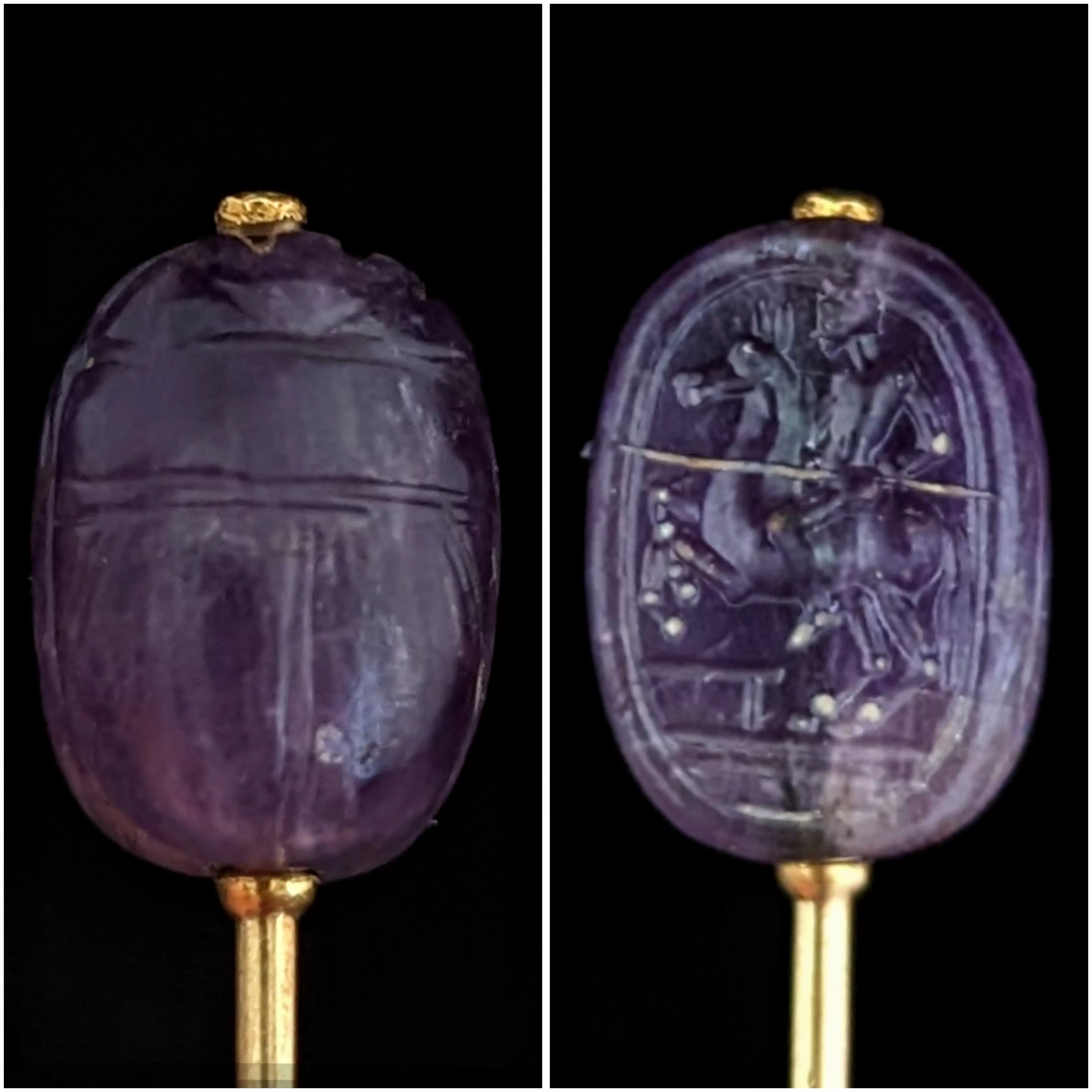 The Portofino - Victorian Articulated Amethyst 14k Gold Stick Pin Don Quixote Reverses to Egyptian Scarab