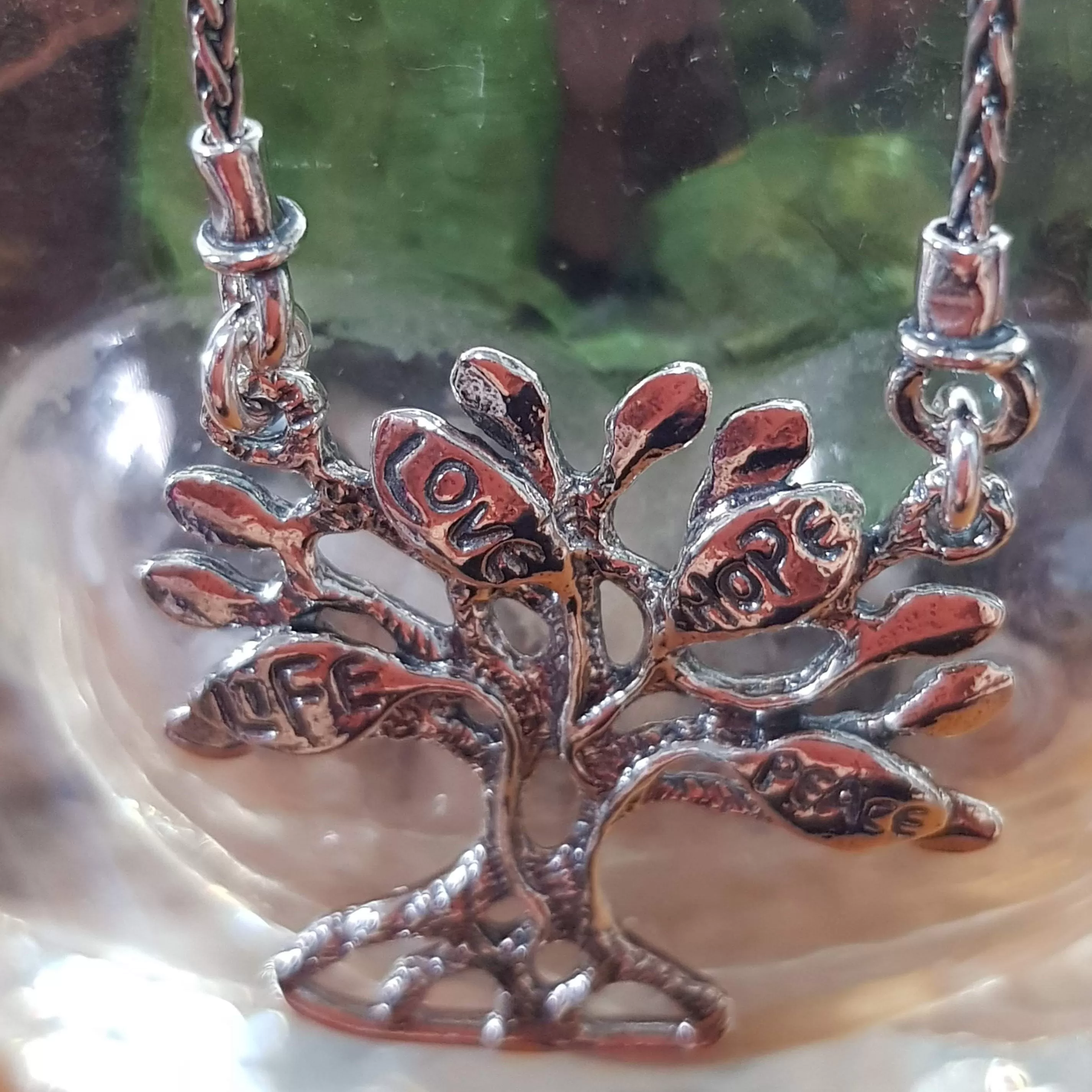 Tree of life Sterling Silver necklace for woman. Message pendant: love life hope peace