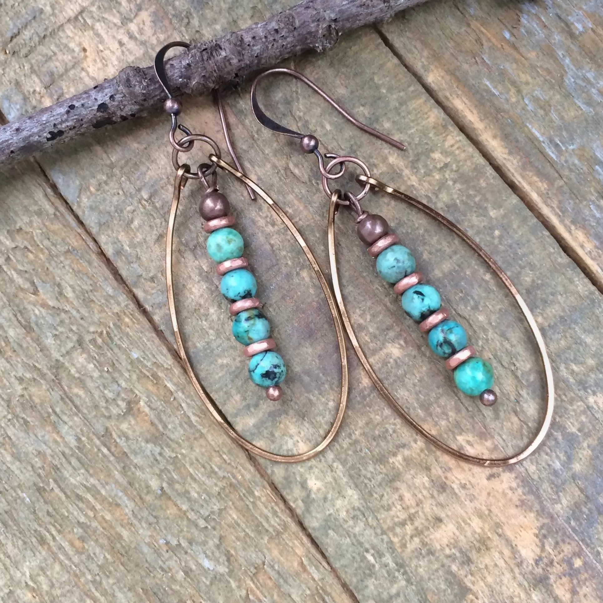 Turquoise Dangle Earrings, African Turquoise Earrings, Turquoise Jewelry Drop Earrings, Copper Hoop Earrings, Copper Jewelry