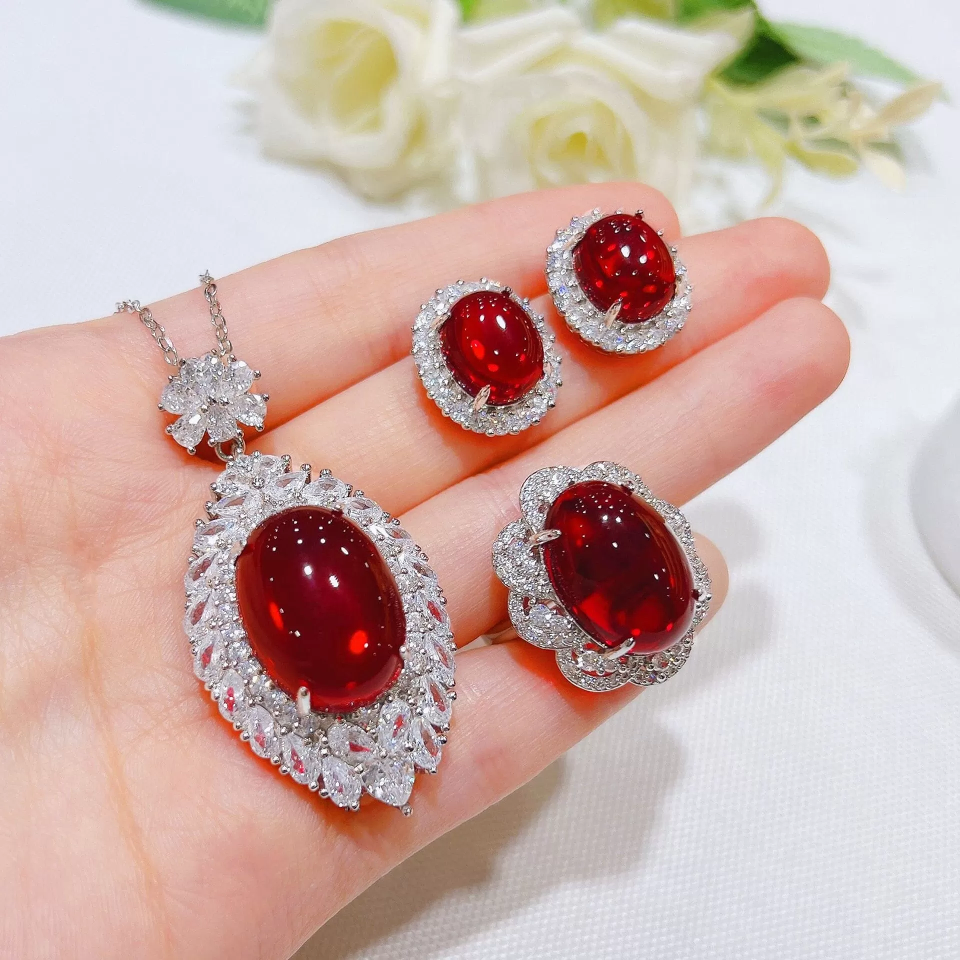 Vintage Oval Ruby Crystal Jewelry Set