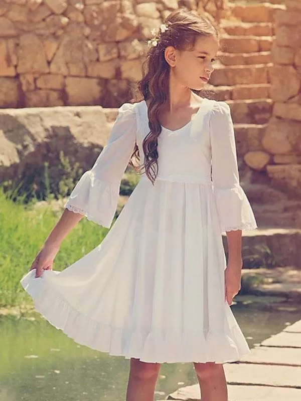 White V-Neck Flower Girl Dresses Long Sleeves Formal Kids Dresses