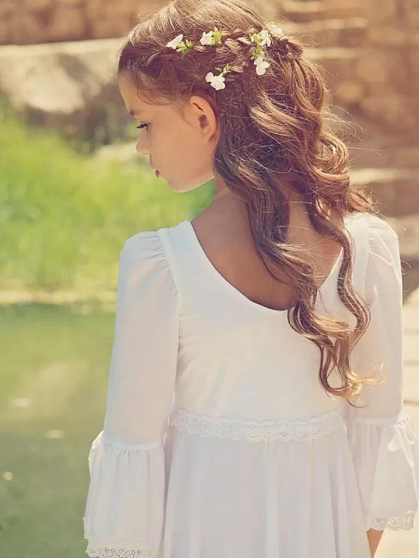 White V-Neck Flower Girl Dresses Long Sleeves Formal Kids Dresses